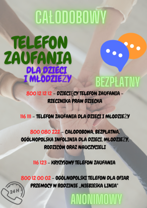 Plakat z numerami telefonów zaufania
