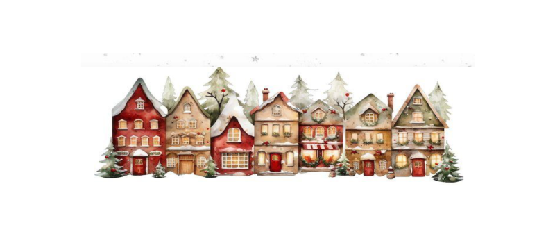 Na obrazku znajdują się domki w sceneri zimowej