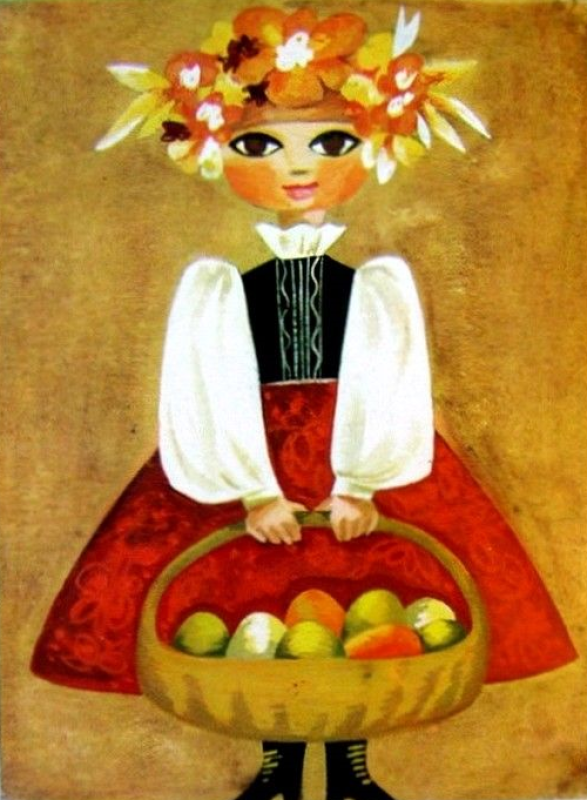 Dziewczynka w stroju tradycyjnym trzymająca koszyk z kolorowymi jajkami